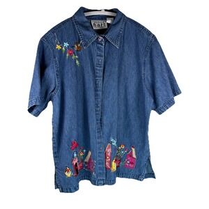 Vintage Womens Denim Embroidered Bird House Shirt Large Grandmacore Blue Jay